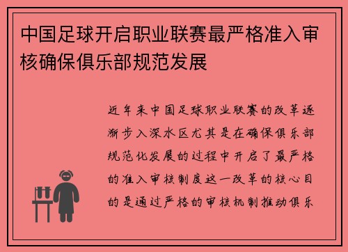 中国足球开启职业联赛最严格准入审核确保俱乐部规范发展